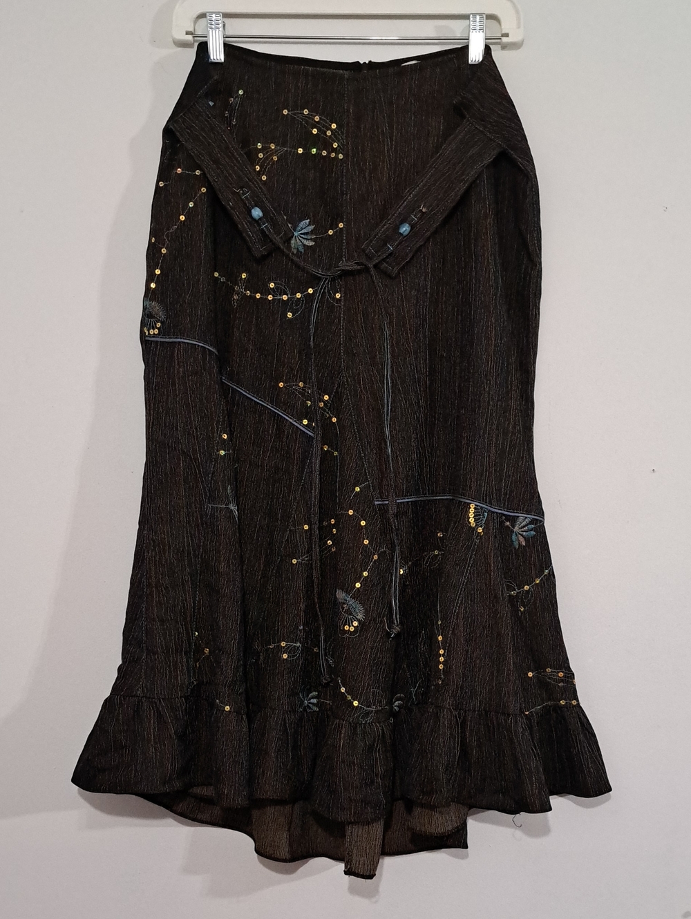 Bali Dark Brown Embroidered Maxi Skirt with Ruffle Hem